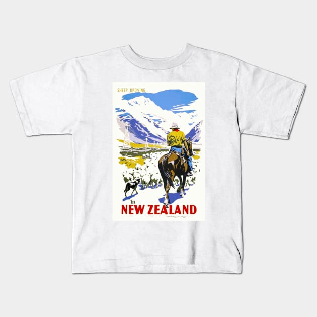 New Zealand Sheep Droving Vintage Poster 1930s Kids T-Shirt by vintagetreasure